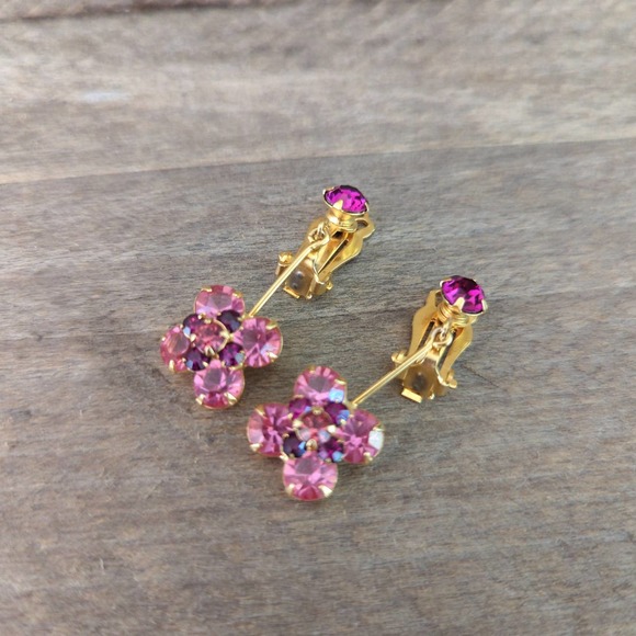 Pink Rhinestone Drop Clip-on Dangle Earrings - Picture 5 of 8